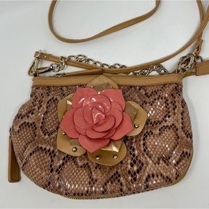 Sharif 1829 Brown/Tan Snake Skin With Pink Flower & Gold Details Handbag Purse